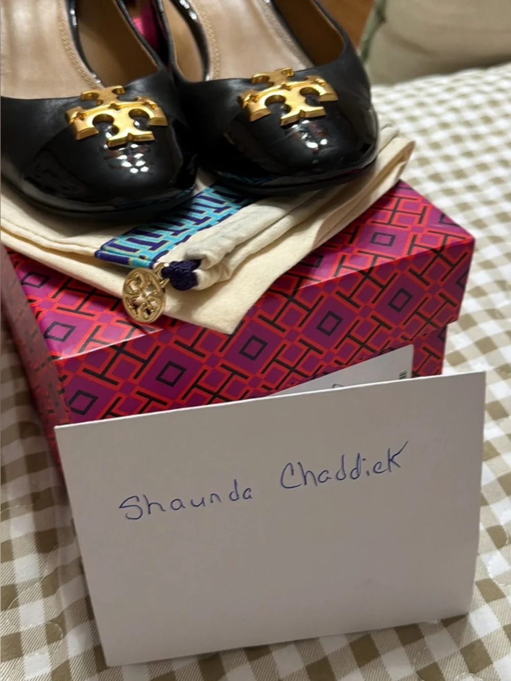 Tory Burch Black Patent Leather Ballet Flats with Gold Logo